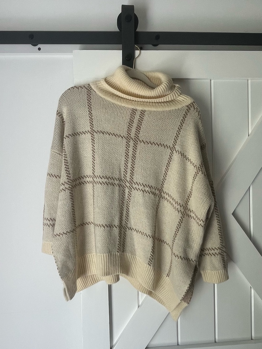 Cream Plaid Turtleneck Poncho Sweater - Cozy Women's Knit